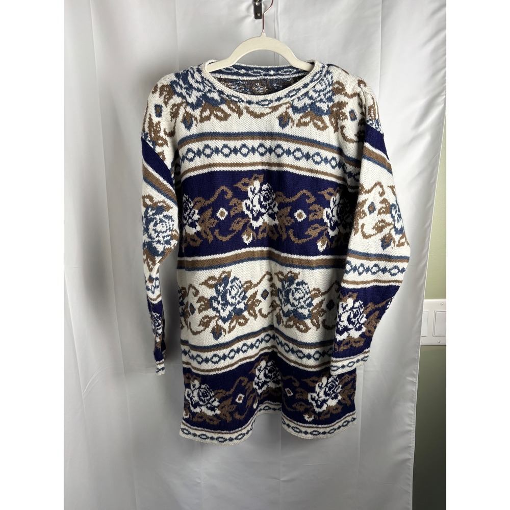 Vintage Floral Knit Sweater Navy Blue Tan‎ Cream Rose Pattern Longline Pullover